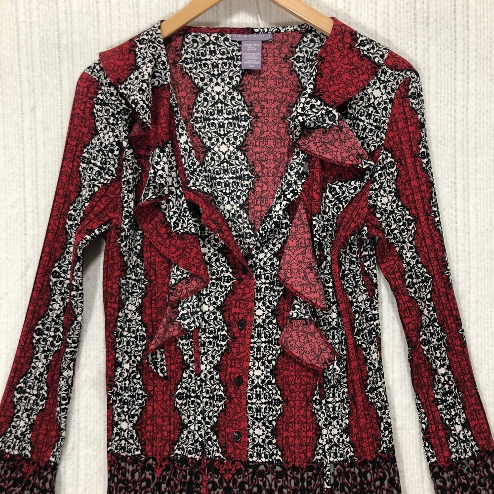 Laura Scott Ruffle Blouse Long Sleeve Button Front Pattern Top Size M/M